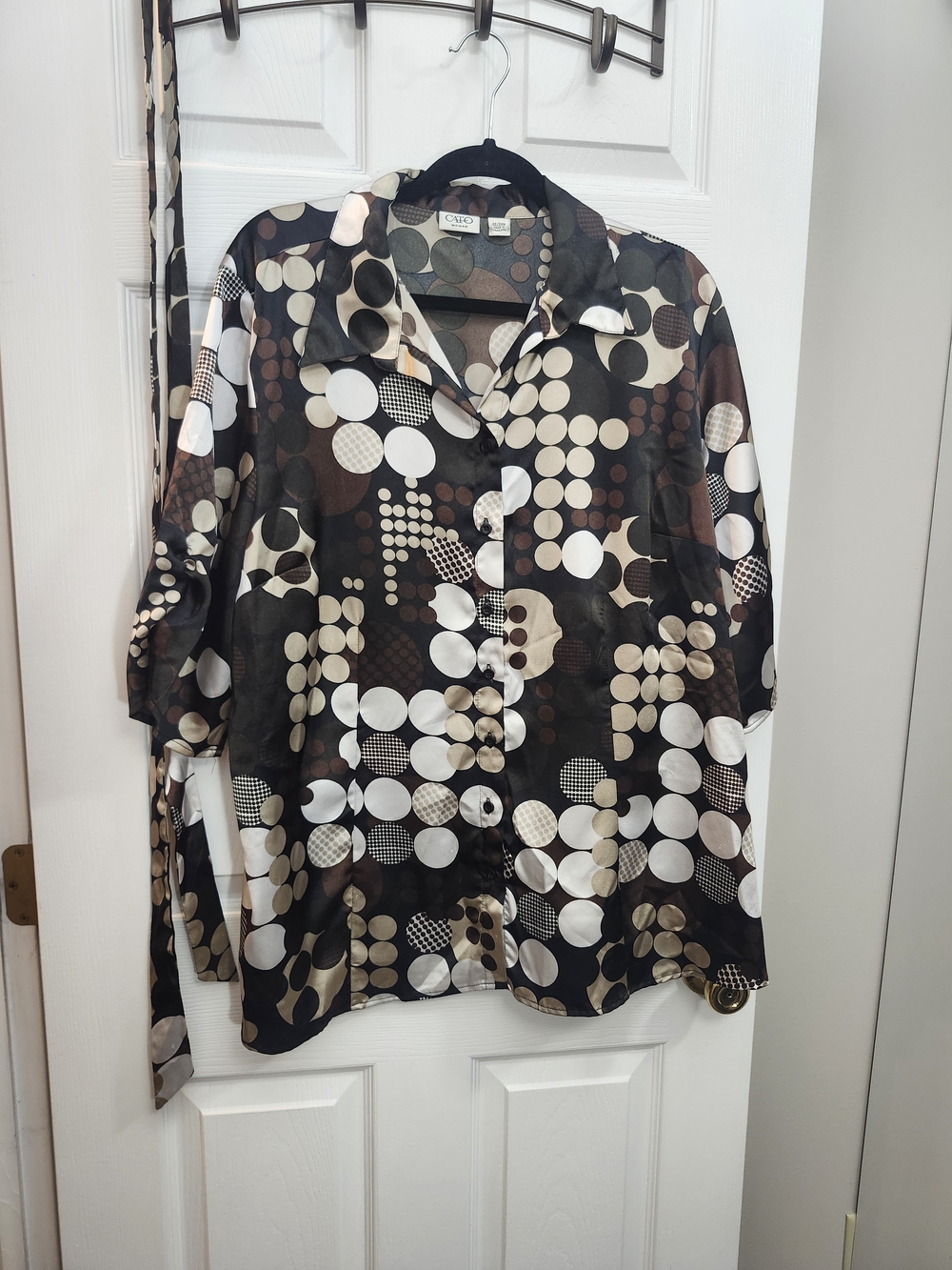 Cato Black Blouse with Cream & Brown Polka Geometric Print